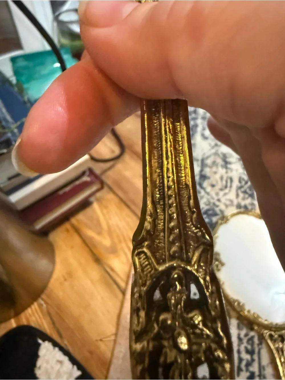 Vintage Hollywood regency ornate Gold Hand Mirror and Brush Set